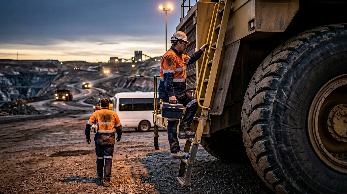 The image shows a haul truck driver climbing the access ladder to a massive mining truck, clutching a lunch box in one hand while holding onto the rail with the other. In the foreground, another driver walks away toward a crew bus, revealing a dusty high-visibility vest, as the encroaching pre-dawn light creates a stark contrast against the mining equipment in the background.