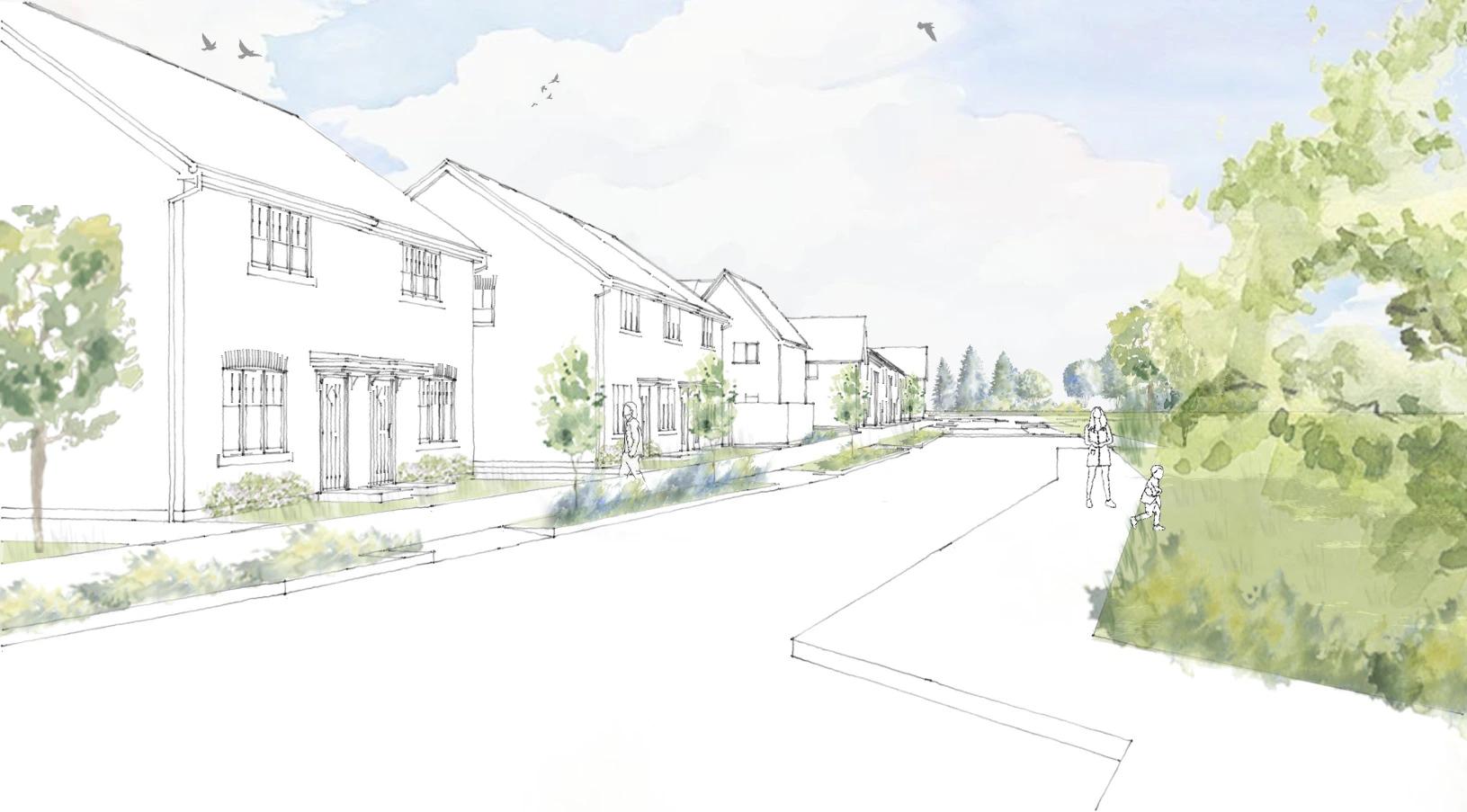 The image depicts an architectural sketch of a residential neighborhood, featuring lined houses with garden spaces and trees. A serene street setting is illustrated with soft colors and a cloudy sky.