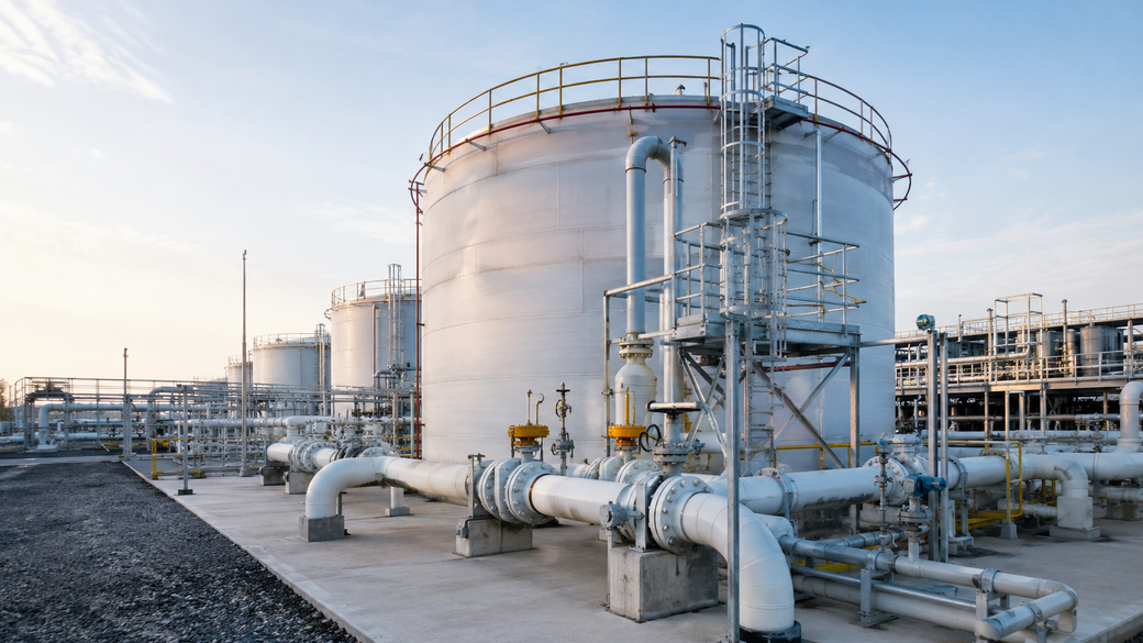 The image shows large industrial storage tanks located in an oil and gas facility. Pipes and valves are prominently featured, indicating a complex network for transporting fluids.