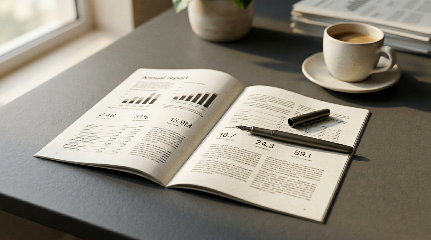 The image depicts an open annual report document laid on a dark table. A cup of coffee and a potted plant are visible in the background, creating a professional work setting.