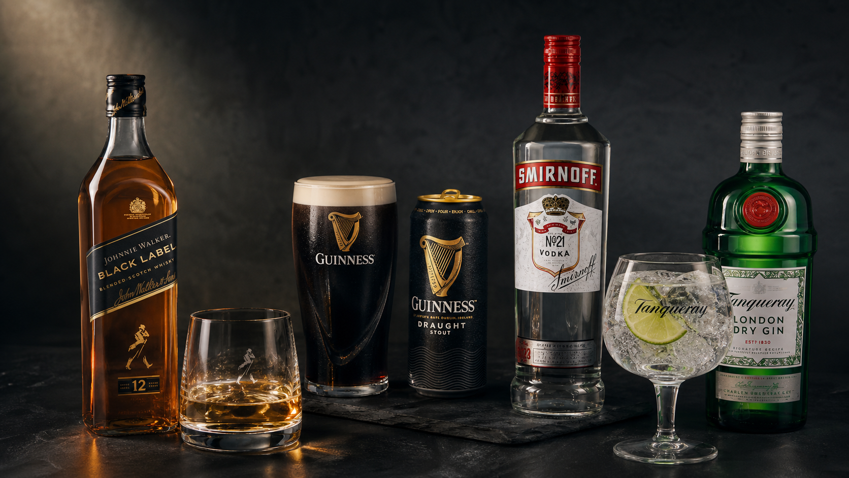 The image displays a collection of alcoholic beverages arranged on a dark surface. Included are a bottle of Johnnie Walker Black Label whiskey, a glass of Guinness beer, a can of Guinness Draught, a bottle of Smirnoff vodka, and a glass of Tanqueray gin with tonic water.