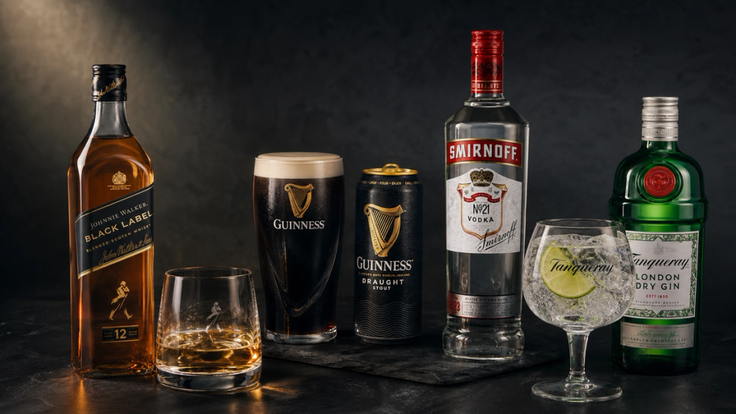 The image displays a collection of alcoholic beverages arranged on a dark surface. Included are a bottle of Johnnie Walker Black Label whiskey, a glass of Guinness beer, a can of Guinness Draught, a bottle of Smirnoff vodka, and a glass of Tanqueray gin with tonic water.