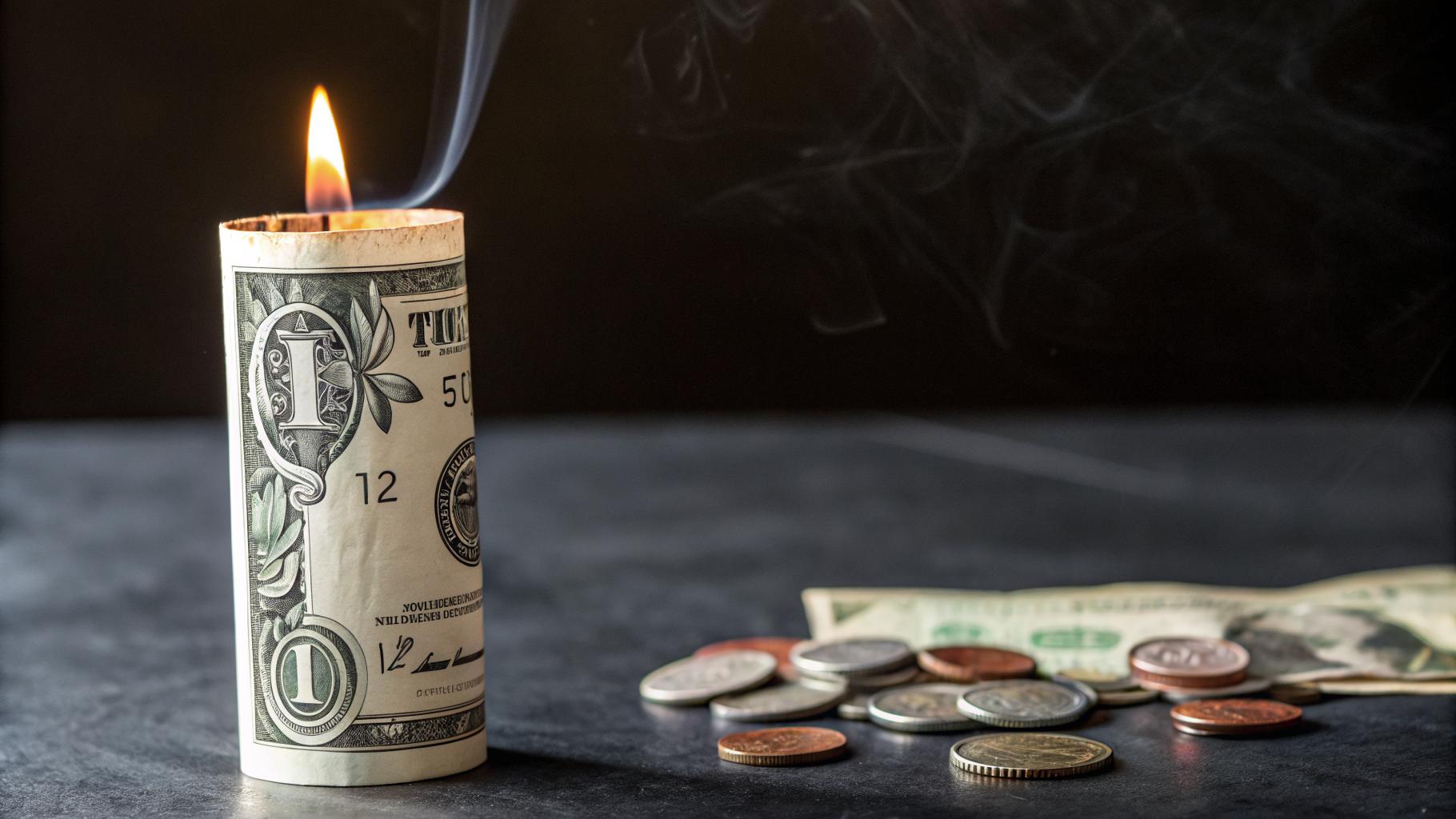The image depicts a lit candle made from a rolled-up dollar bill, with smoke rising from the flame. Surrounding the candle are assorted coins and a couple of other dollar bills, creating a setting that suggests financial themes.