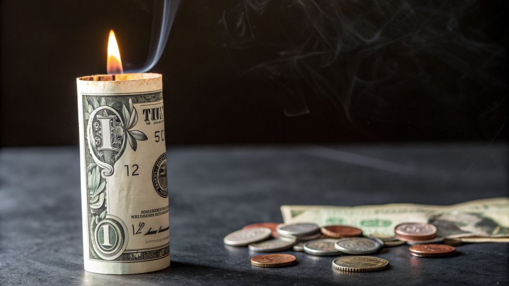 The image depicts a lit candle made from a rolled-up dollar bill, with smoke rising from the flame. Surrounding the candle are assorted coins and a couple of other dollar bills, creating a setting that suggests financial themes.