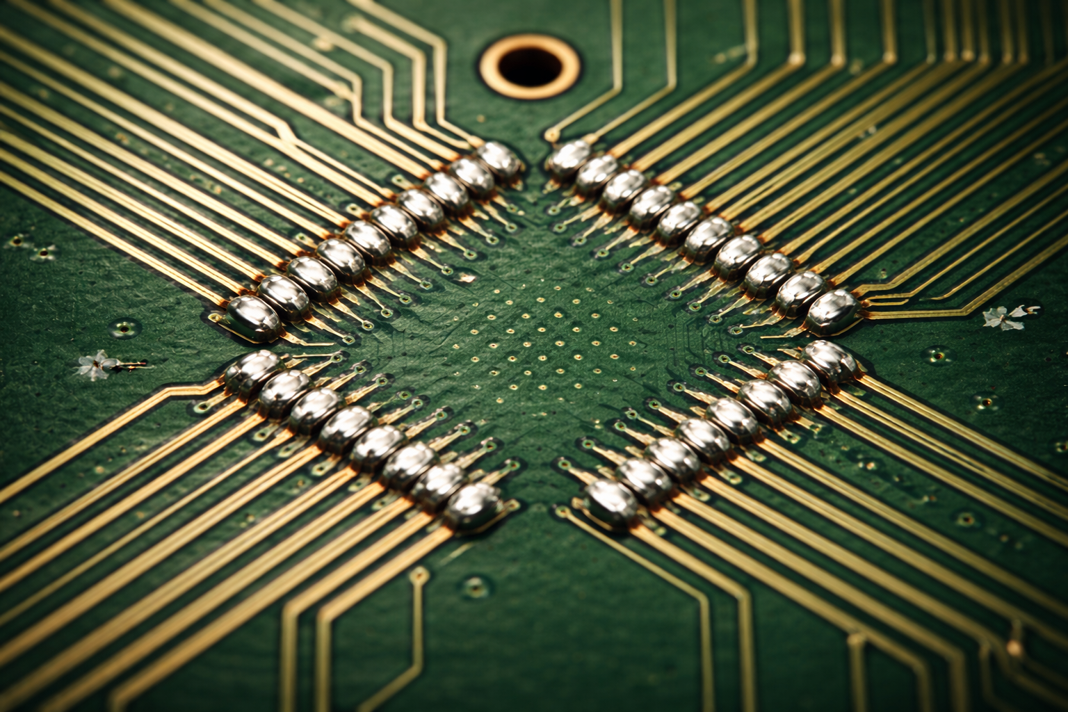 The image showcases a close-up view of a printed circuit board featuring intricate gold wiring and soldered connections. The focus is on the central chip area, highlighting the complexity of modern electronics.