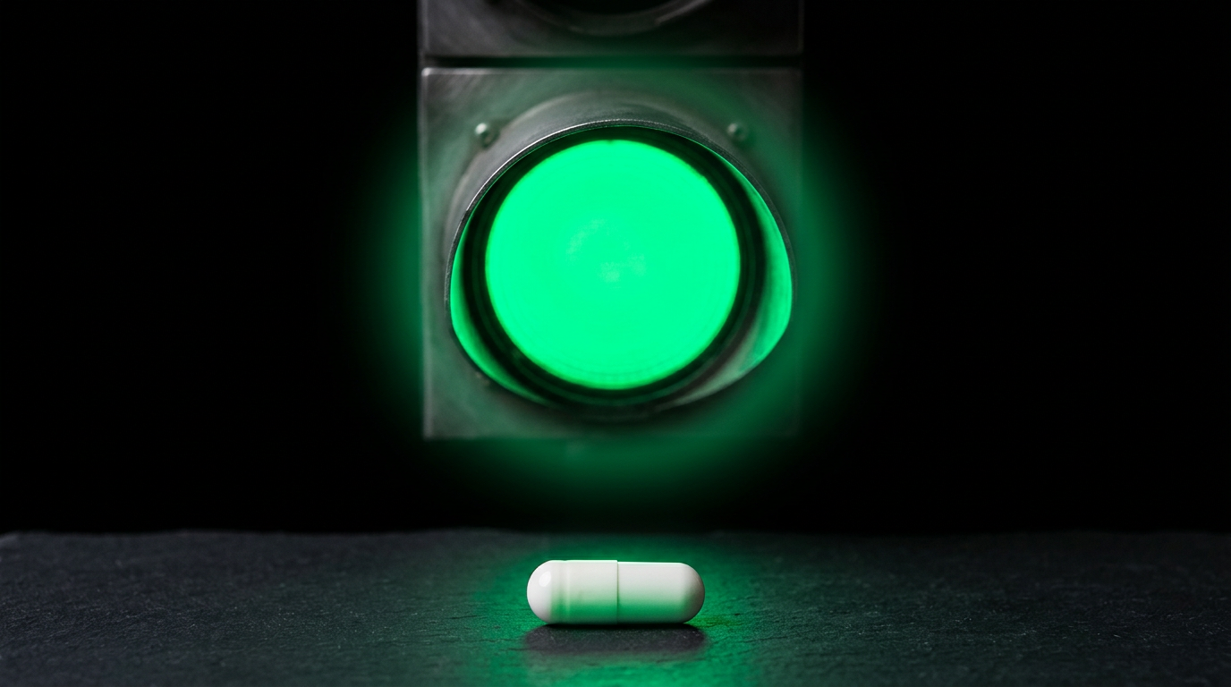 The image features a glowing green traffic light against a black background, with a brushed metal housing that adds a modern touch. Below it, a white pharmaceutical capsule is positioned, reflecting the green glow above, suggesting themes of permission and clearance.