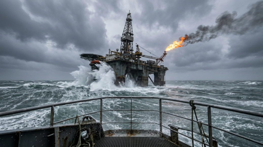The image depicts a dramatic scene featuring a semi-submersible oil platform surrounded by tumultuous sea waves, shot from a standby vessel positioned close to the action. The churning grey-green water contrasts with the platform's industrial structure, while an orange flare emits a stark glow against the oppressive, overcast sky, highlighting the precarious nature of operations in heavy weather.