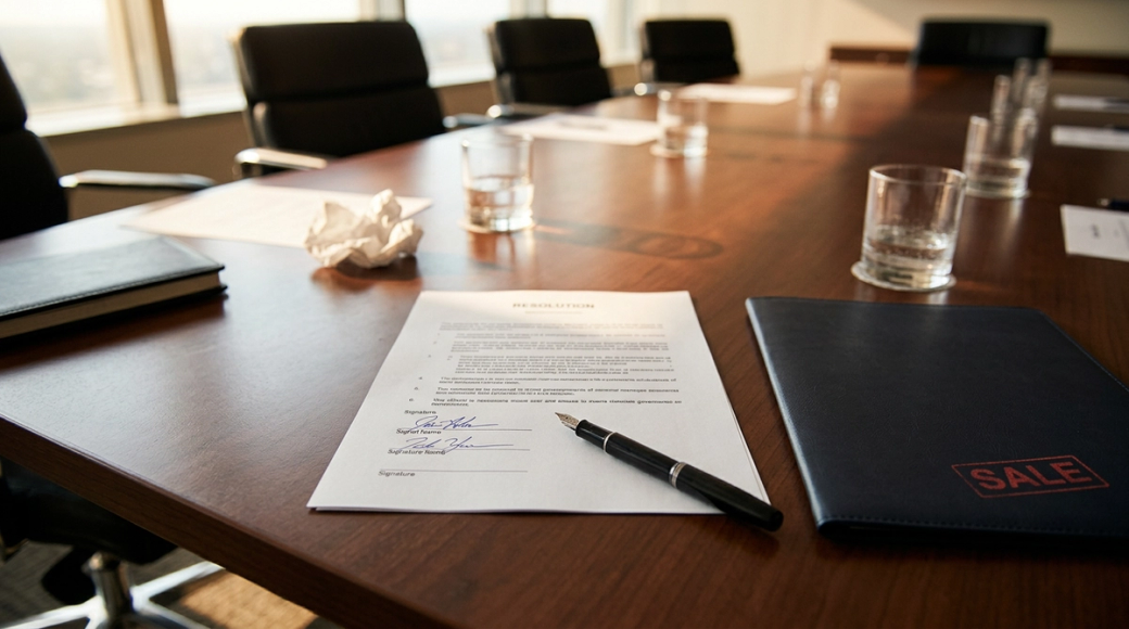 The image shows a boardroom table after a meeting, featuring a central printed document with numbered clauses and two signatures already in place, indicating a formal decision-making process. A pen rests across the document, pointing toward an empty signature line, while a slim folder marked with the word 'SALE' is positioned nearby, suggesting a corporate asset is about to be made available.