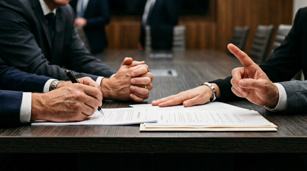The image features a close-up of several hands positioned along the edge of a boardroom table, suggesting a moment of collective decision-making. Each hand exhibits different gestures—one is flat and open, another grips a pen, while a third hand displays an index finger raised in a signaling gesture. This composition conveys the themes of deliberation, governance, and the tension of impending decisions, all captured in a professional editorial style.