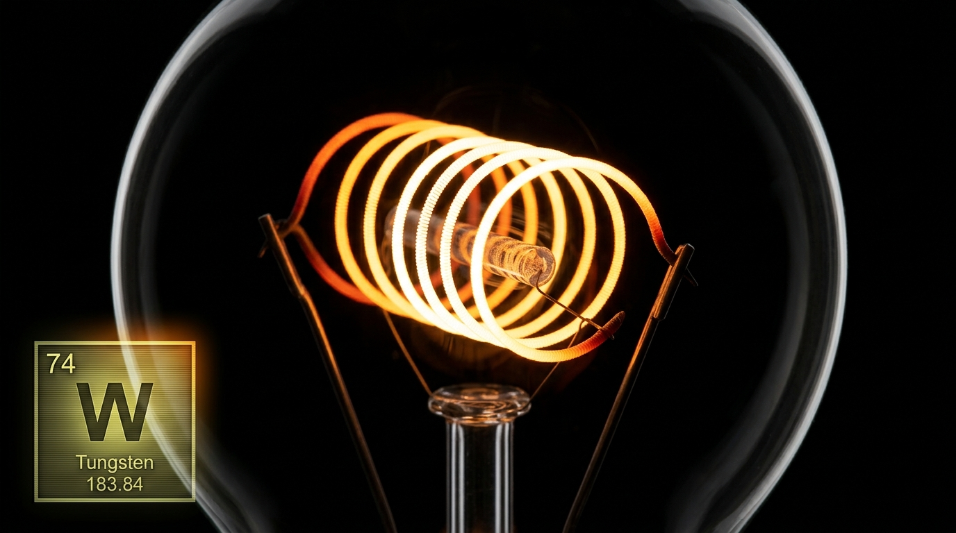 The image showcases a close-up view of a lit incandescent light bulb, prominently featuring the coiled tungsten filament glowing in a spectrum from white-hot to cherry-orange. The clear-glass bulb, set against a pitch-black background, forms a striking contrast with the filament's luminous spiral structure and the spectral colors, while a small periodic table element card for tungsten is displayed in the lower-left corner.