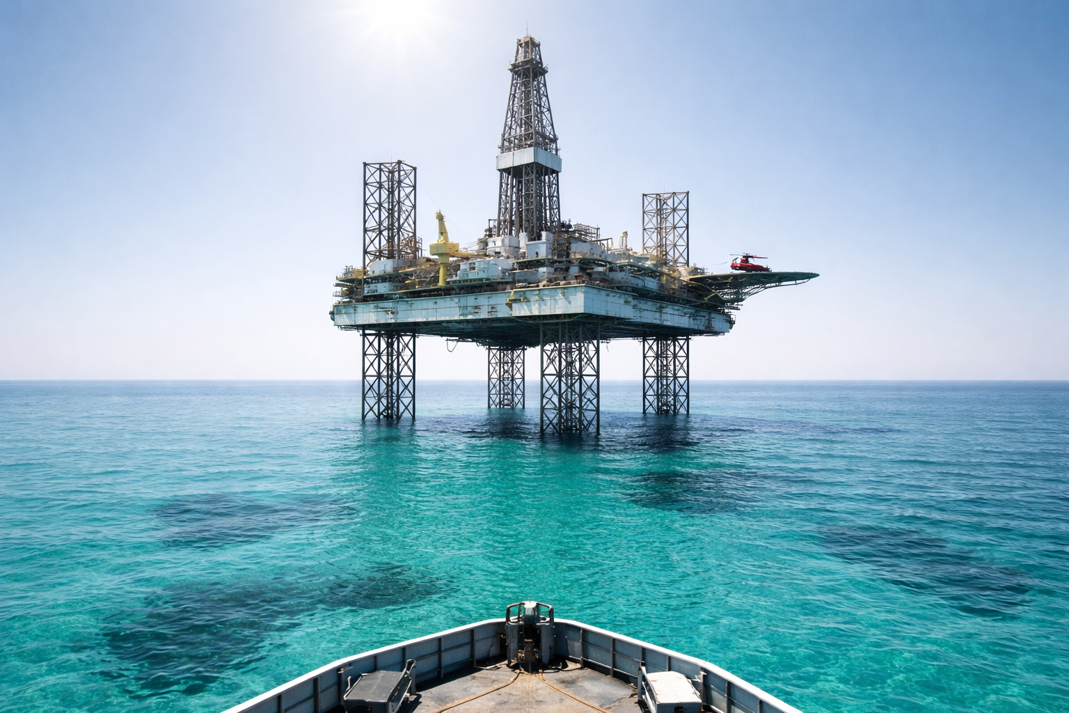 An oil drilling platform stands tall above the turquoise waters, with a clear sky and sunlight shining down. A boat floats in the foreground, providing a perspective of the offshore structure.