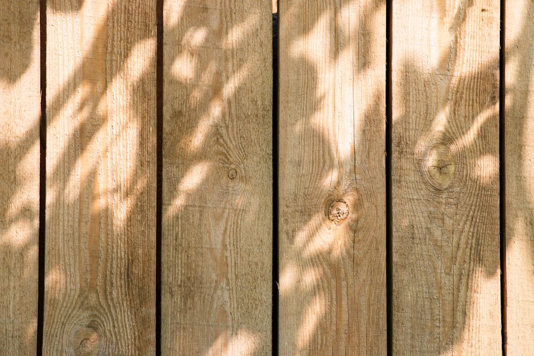 The image features a close-up view of wooden planks, showcasing their natural texture and grain patterns. Soft shadows cast by foliage create a visually interesting interplay of light and dark across the surface.