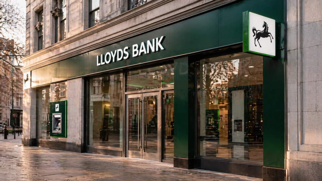The image showcases the exterior of a Lloyds Bank branch, featuring a modern design with large glass doors and strategic lighting. The bank's branding is prominently displayed on the facade, highlighting its identity in a bustling urban setting.