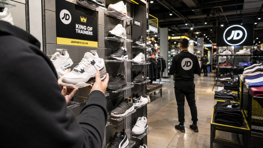 The image shows a retail store interior focused on athletic footwear. A customer examines a pair of shoes while another customer browses in the background, with shelves displaying various styles of trainers.