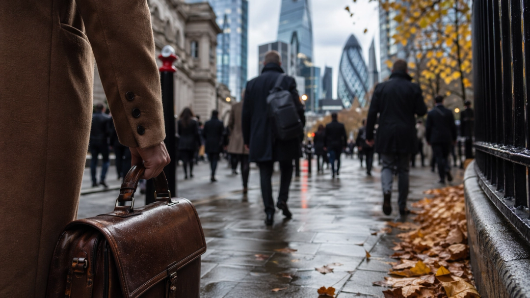 A busy urban street scene featuring a crowd of professionals walking past modern skyscrapers. The foreground highlights a person holding a briefcase, emphasizing a sense of business activity.