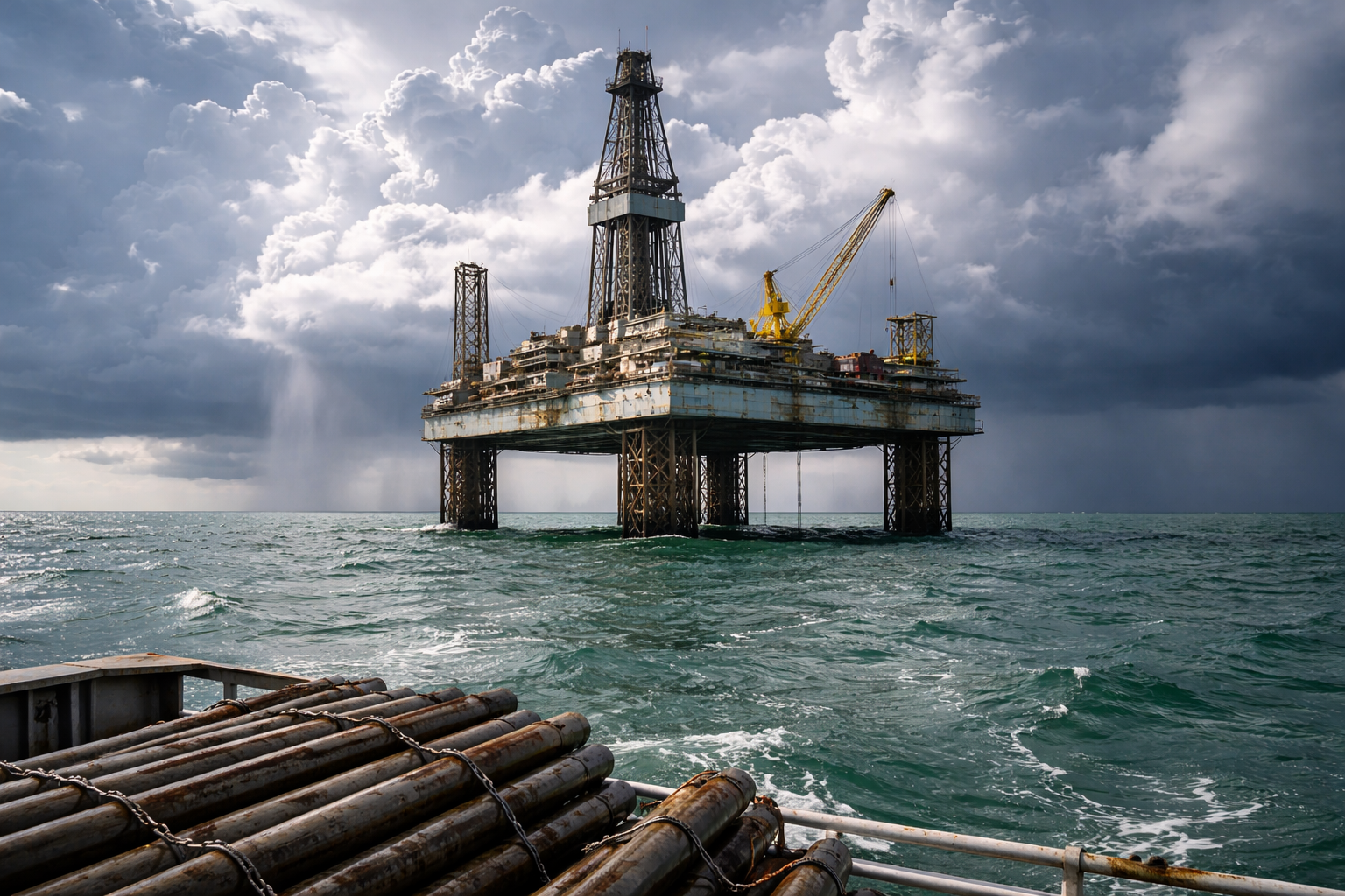 An offshore oil rig stands prominently in turbulent waters under a dramatic sky filled with dark, stormy clouds. The rig features cranes and industrial structures, indicating active oil extraction operations.