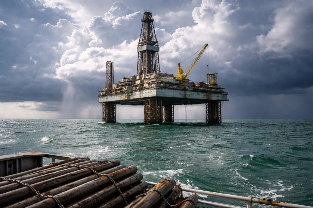An offshore oil rig stands prominently in turbulent waters under a dramatic sky filled with dark, stormy clouds. The rig features cranes and industrial structures, indicating active oil extraction operations.