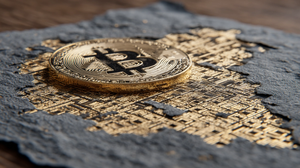 The image features a detailed close-up of a Bitcoin coin resting on a textured surface, which appears to be a worn-out piece of fabric or paper. The golden sheen of the coin contrasts with the muted tones of the background, emphasizing its symbolic value in the cryptocurrency market.