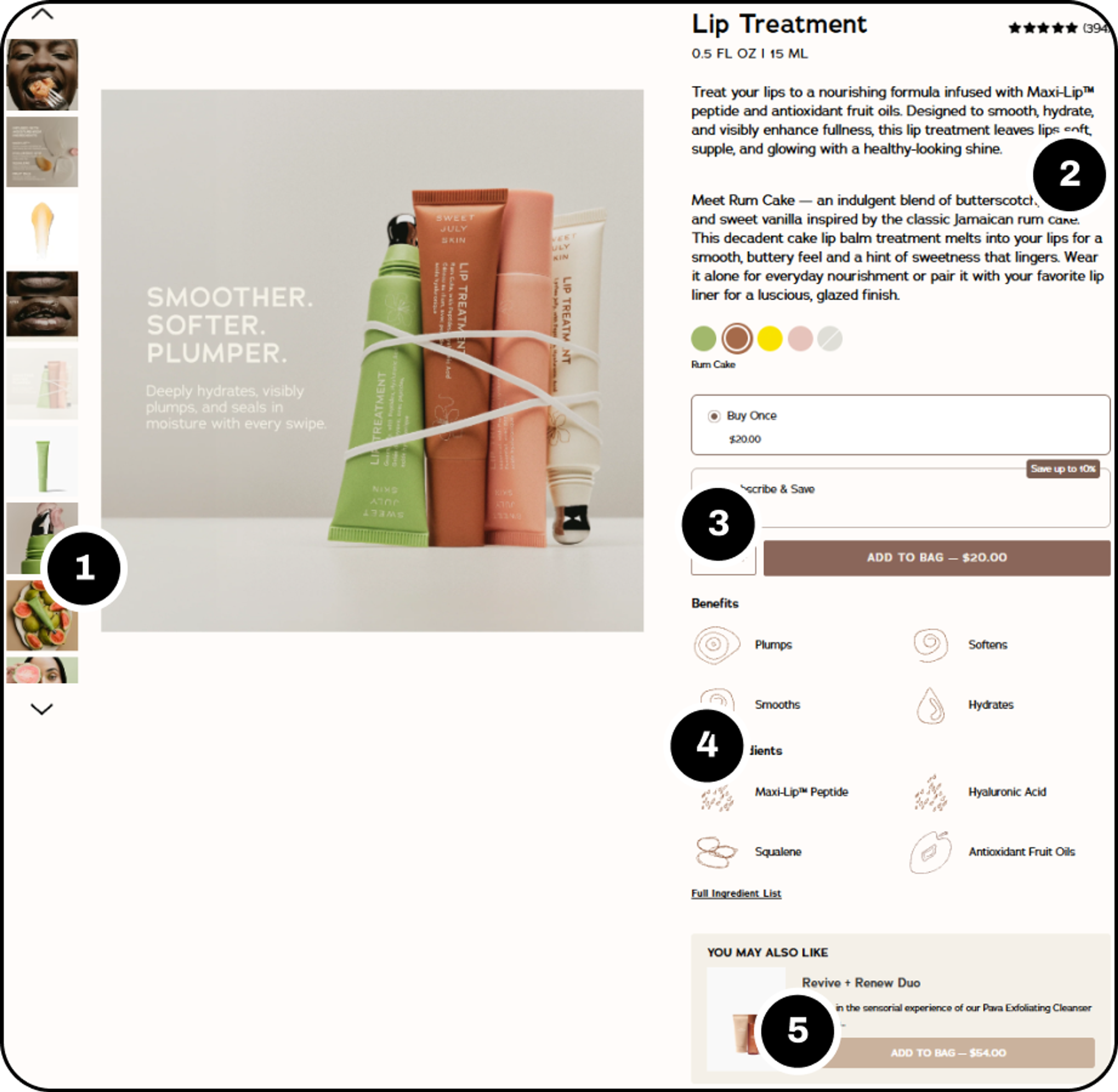 The Sweet July Lip Treatment product page, with markers 1 to 5 on the gallery, reviews, subscribe and save, benefits and ingredients, and You may also like