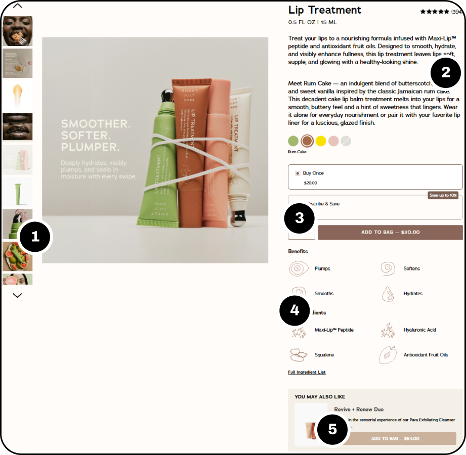 The Sweet July Lip Treatment product page, with markers 1 to 5 on the gallery, reviews, subscribe and save, benefits and ingredients, and You may also like