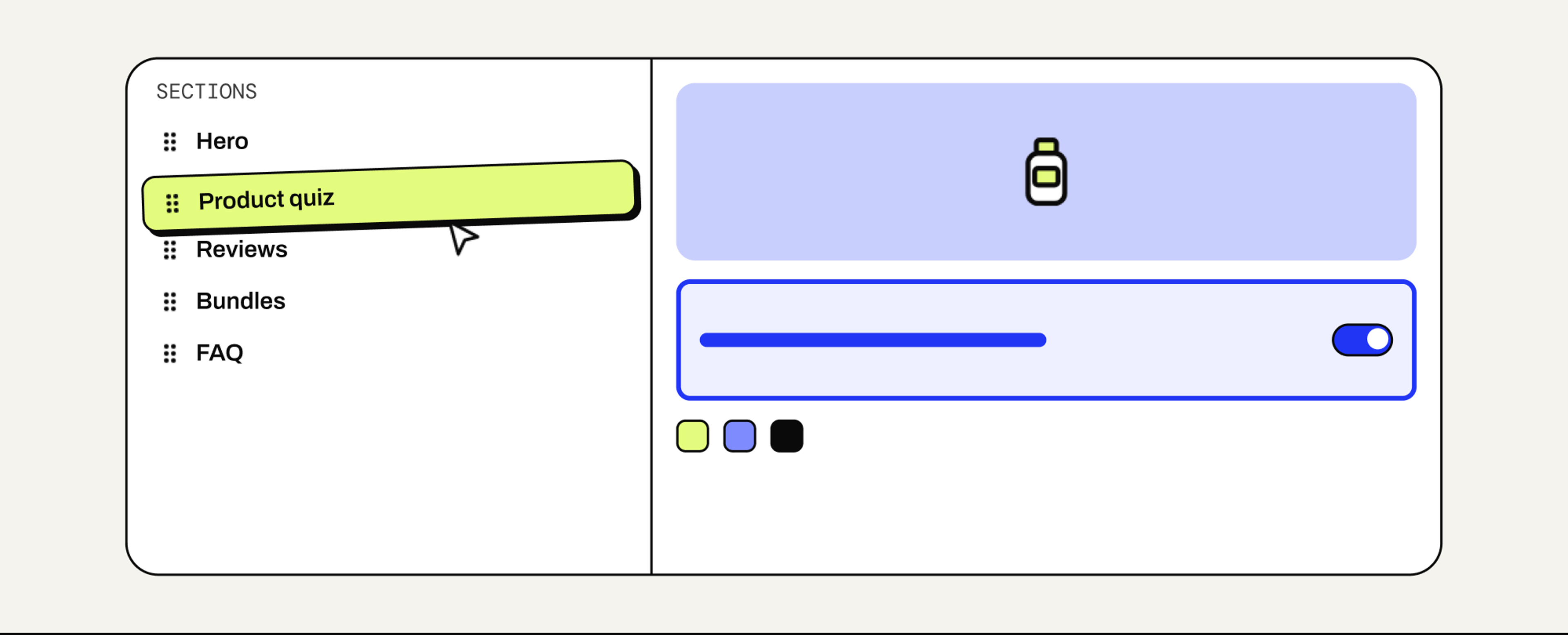 Illustration: the Shopify theme editor with a Product quiz section being dragged into place