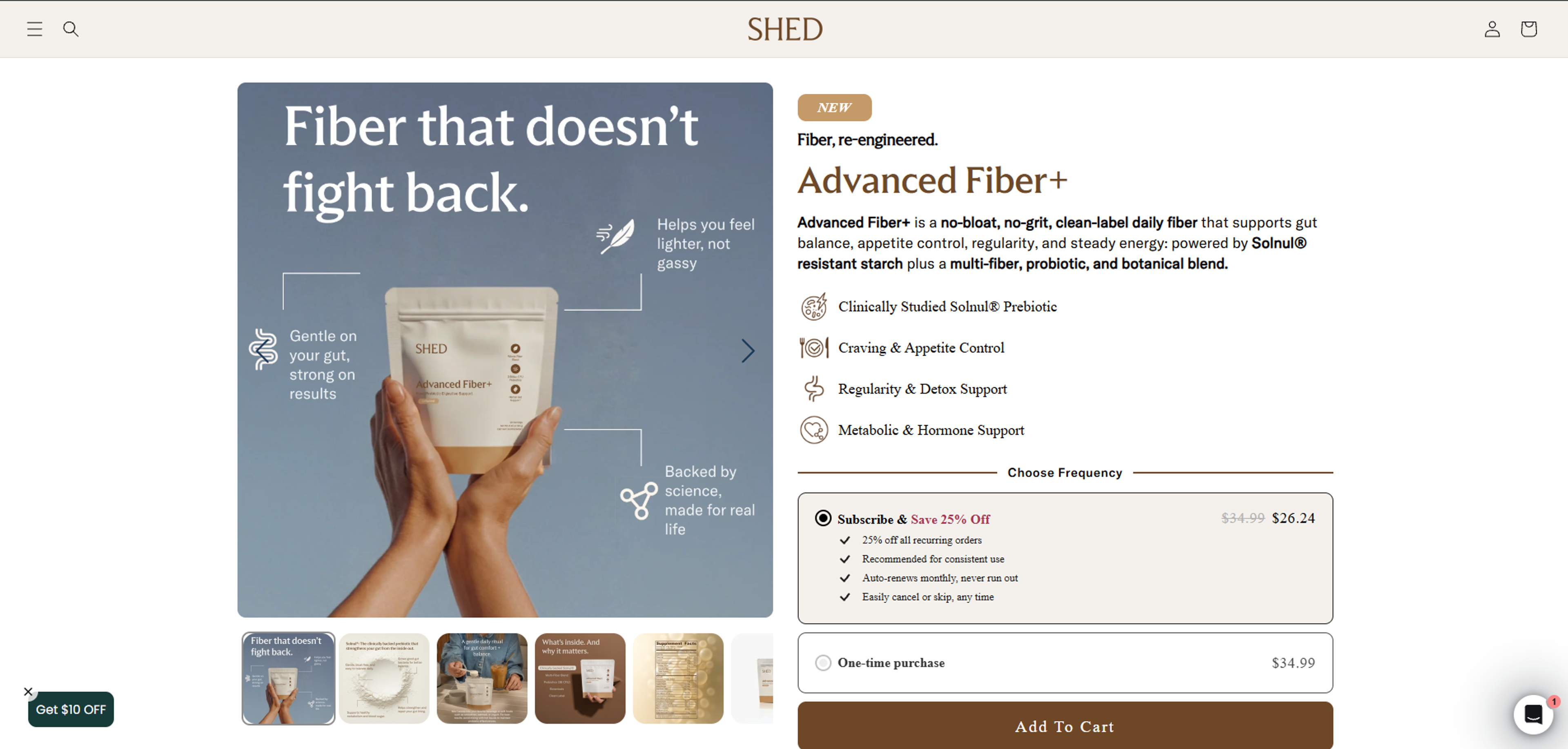 The SHED Advanced Fiber+ product page on its new Shopify store