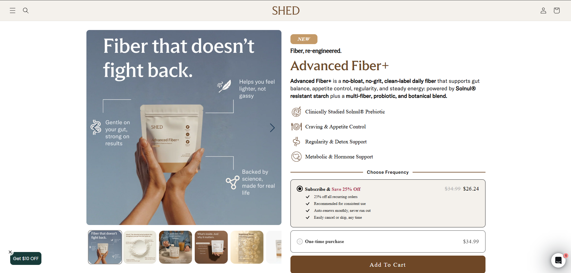 The SHED Advanced Fiber+ product page on its new Shopify store