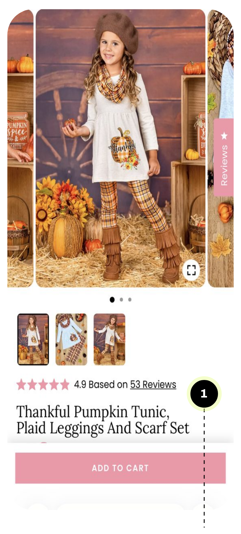 Mia Belle Girls mobile product gallery with reviews above the product title