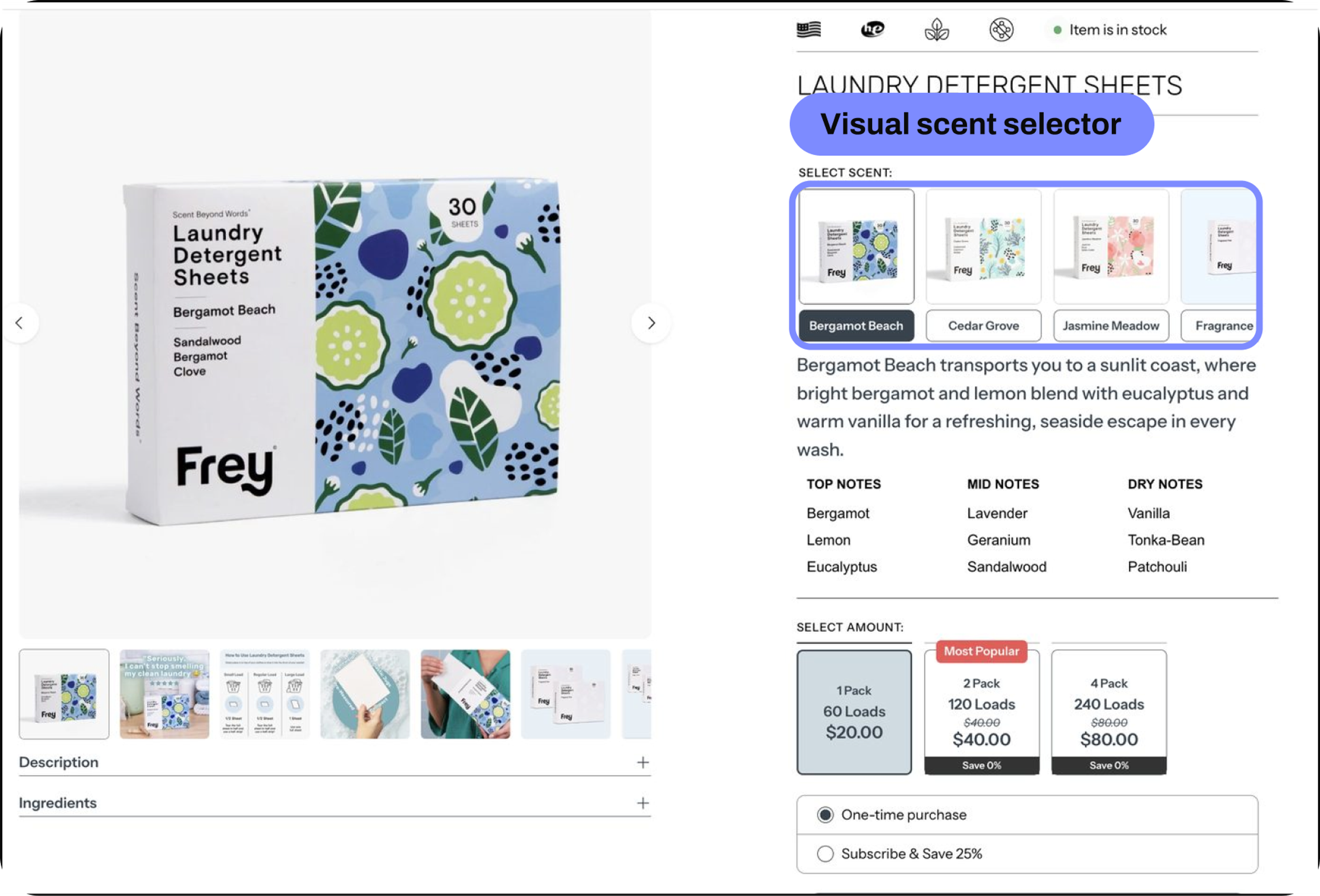 Frey laundry detergent sheets Shopify product page with the visual scent selector highlighted