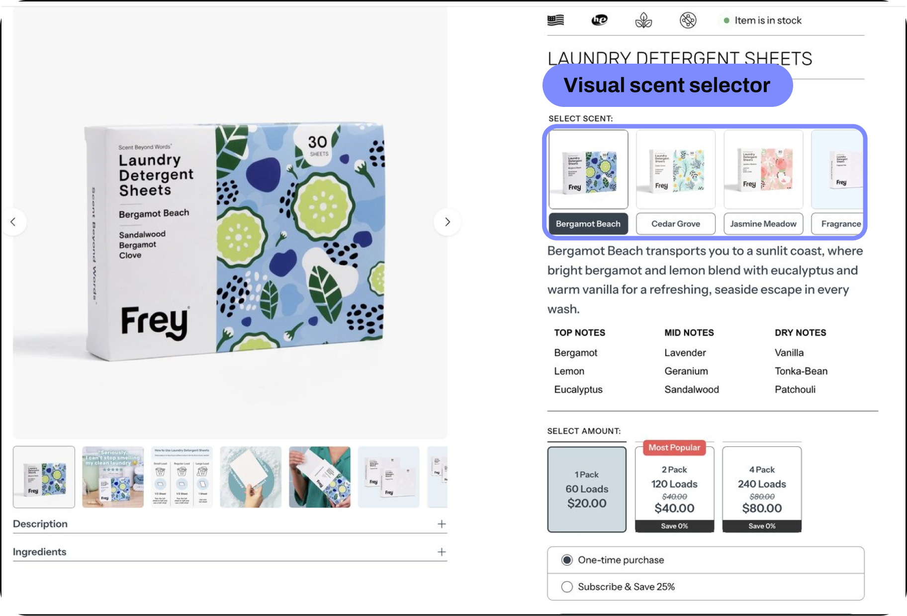 Frey laundry detergent sheets Shopify product page with the visual scent selector highlighted