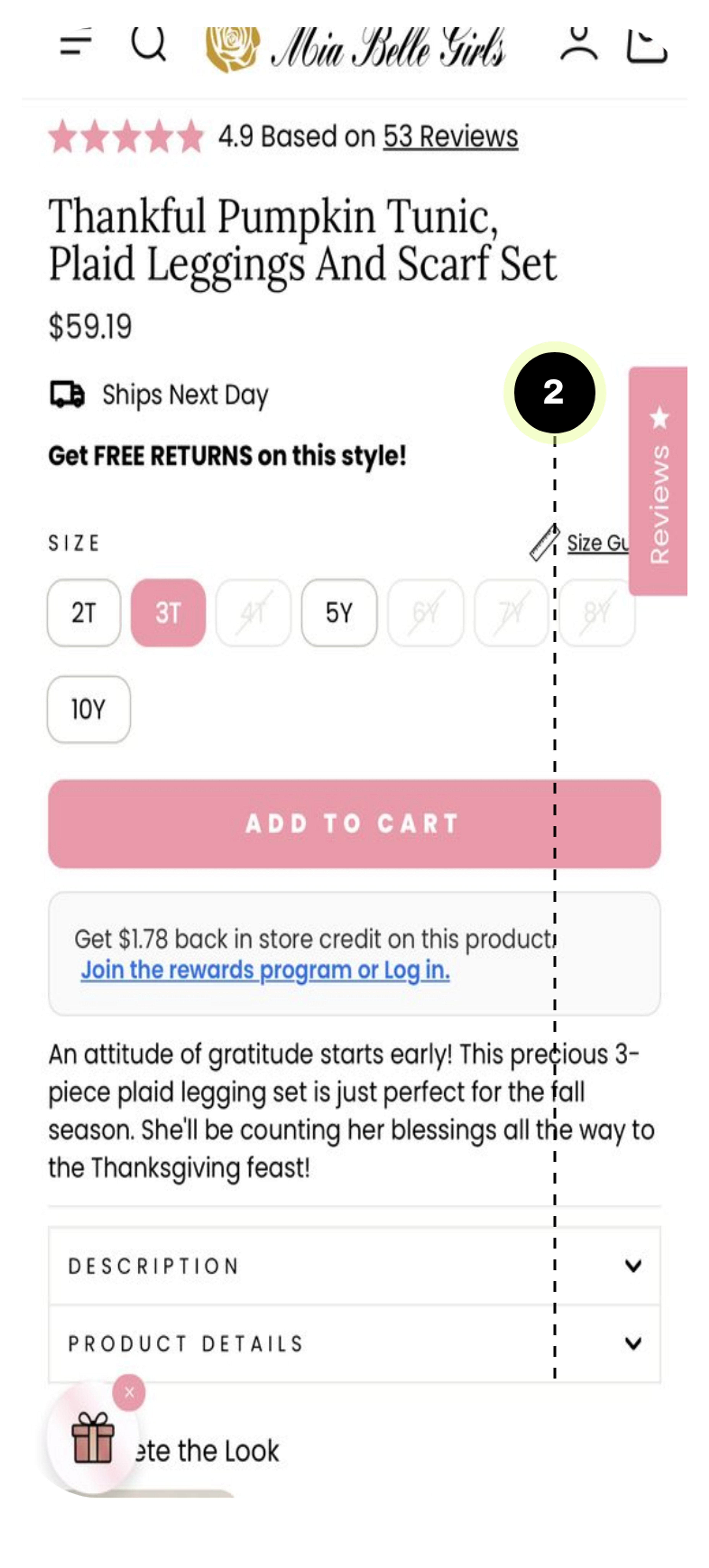Mia Belle Girls mobile buy box with Ships Next Day and free returns above the size picker