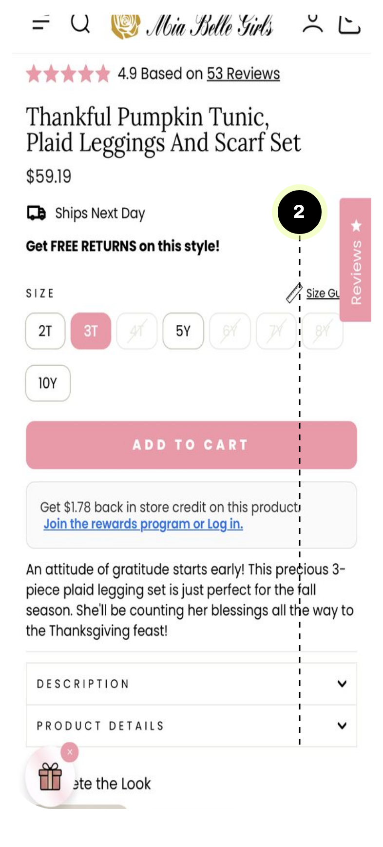 Mia Belle Girls mobile buy box with Ships Next Day and free returns above the size picker