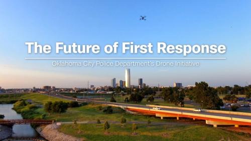 the future of first response - OKCPD drone intiative. Drone flying on the outskirts of city.