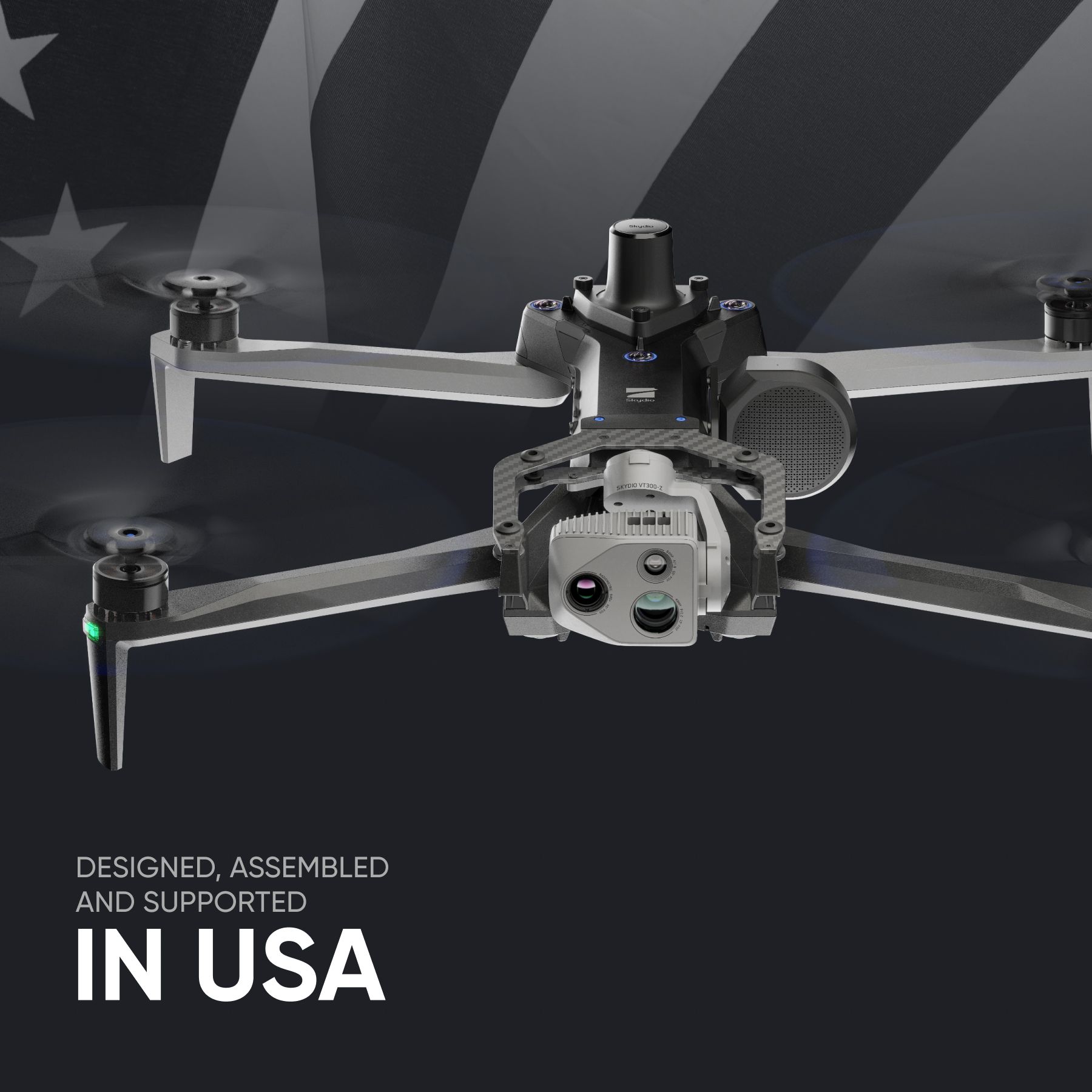 Skydio police drone with black-and-white USA flag in the background