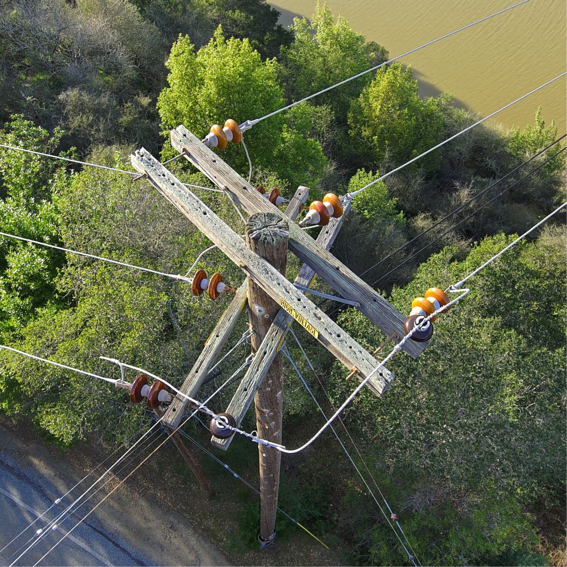 Aerial drone view of power lines amongst trees