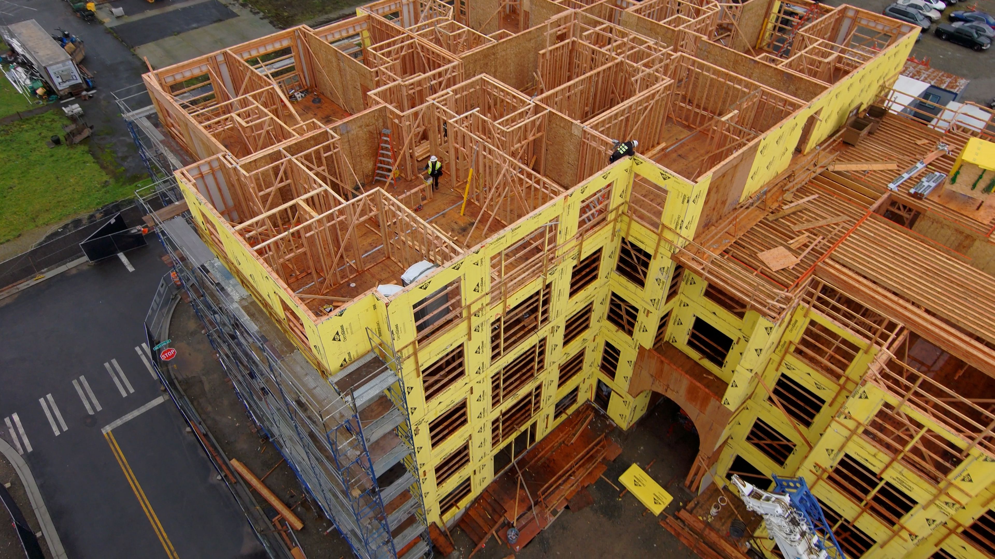 Aerial view of construction for a building