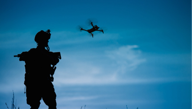 Soldier launching a Skydio X10D drone for a night autonomous mission