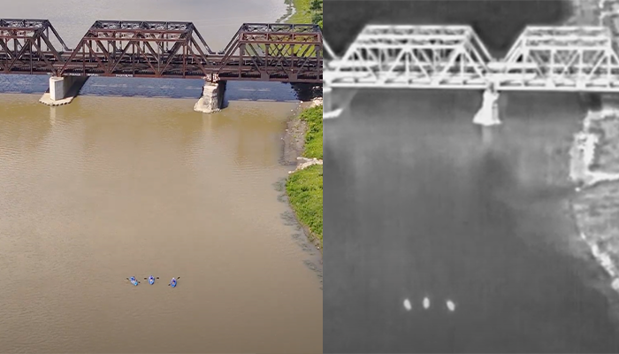 Real-time and thermal aerial view of bridge using Skydio x2 drone