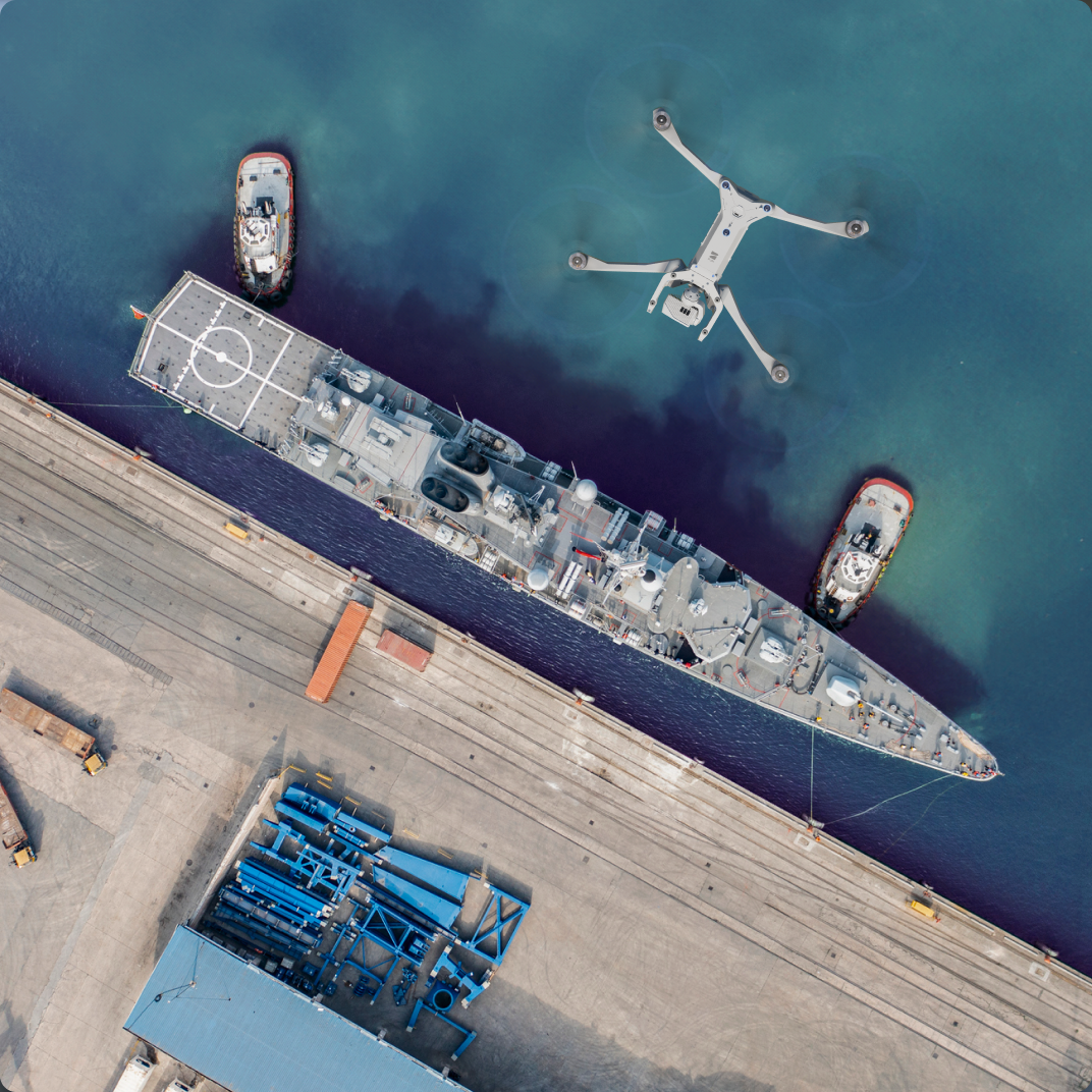 Skydio X10D monitoring of supply chain shipping port overhead view 