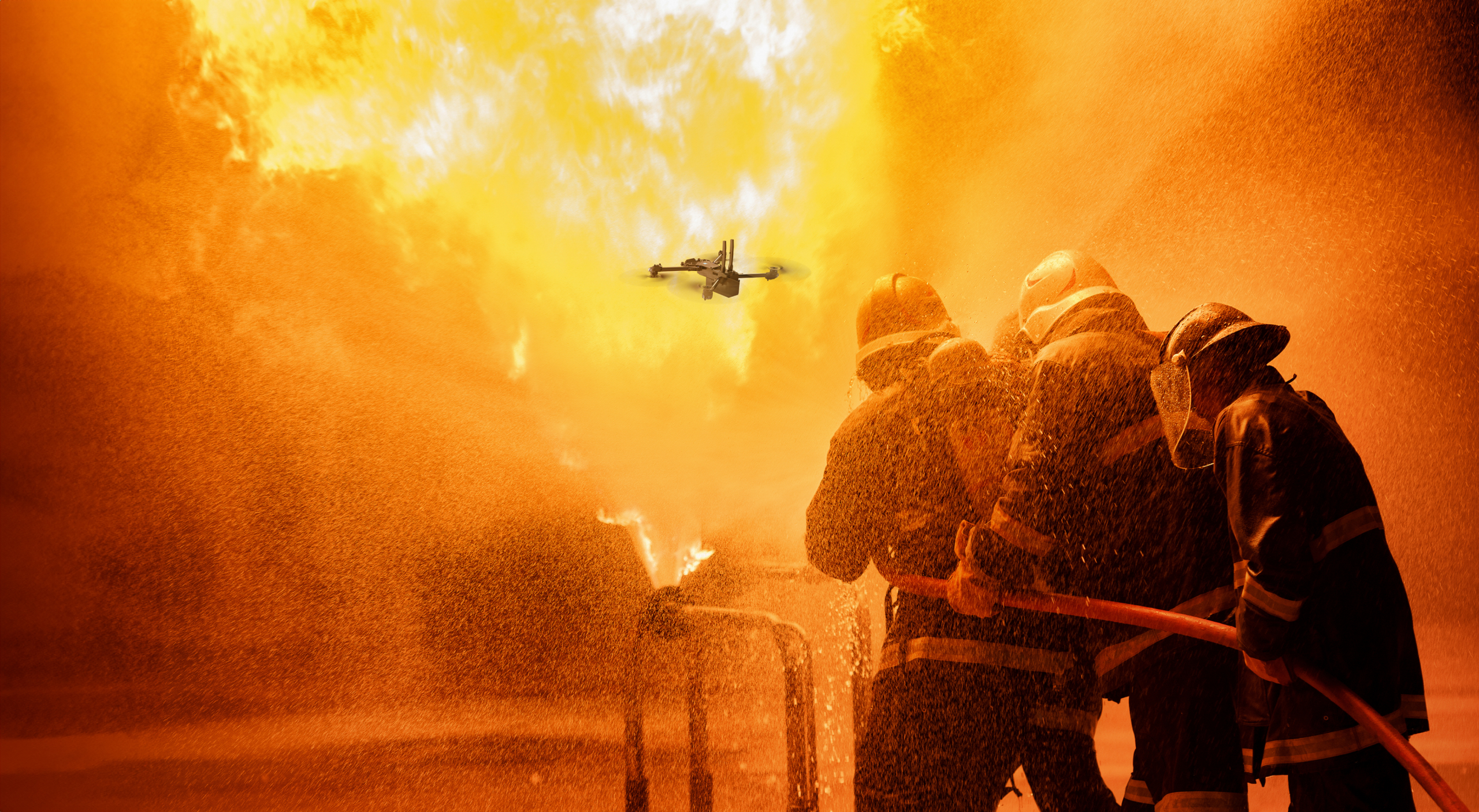 Wide view of a Skydio drone on the front lines of a fire