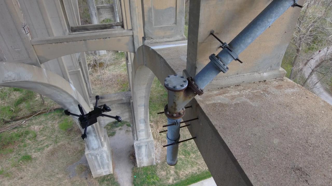 Skydio X2 drone surveying bridge component at extremely close range