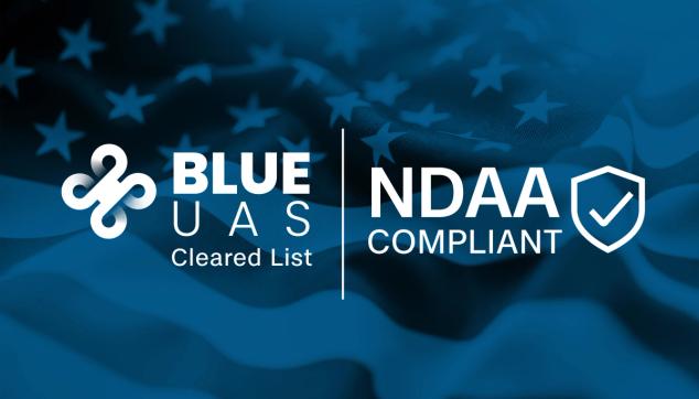 Blue UAS cleared list logo and NDAA Compliant logo on navy blue american flag backgroud