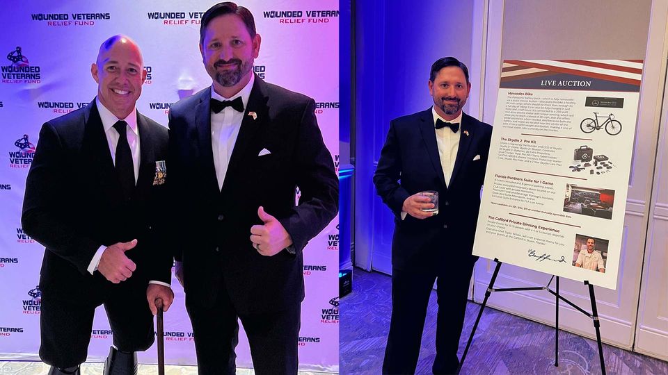 Skydio’s Veteran and Solutions Engineer, Bryan King, at the Wounded Veterans Relief Fund Gala in Palm Beach Gardens, FL where a Skydio 2+ Pro Kit was auctioned to help raise funds for wounded Veterans. 