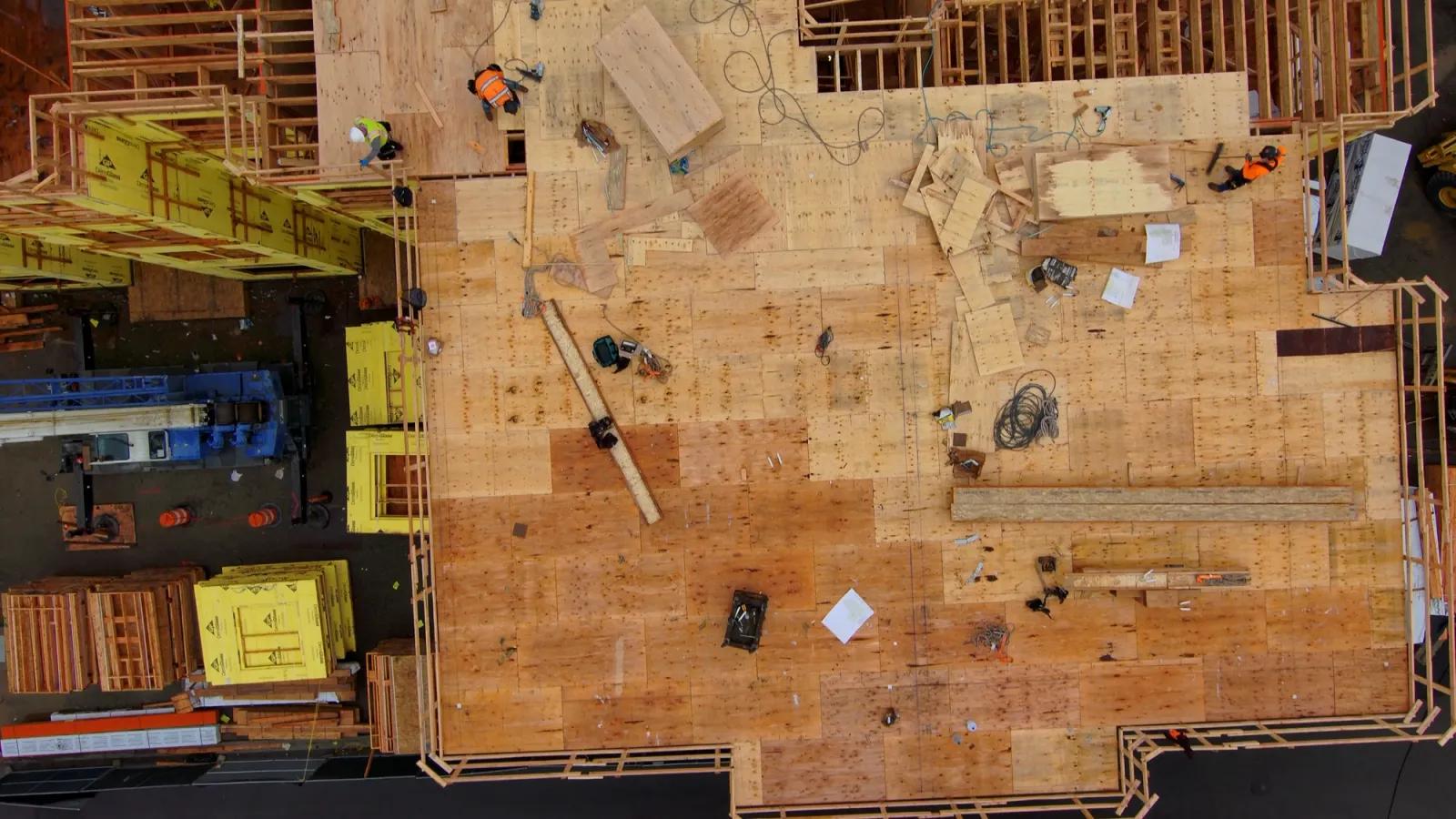 Aerial drone view of construction site surveying