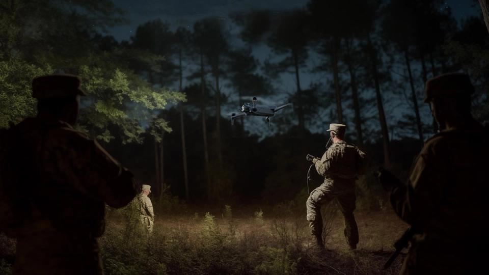 Skydio X10D drone with NightSense being deployed at night with soldiers