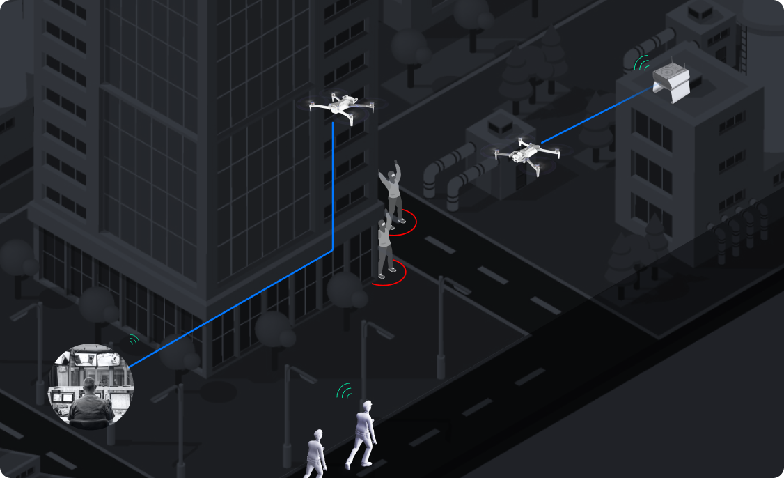 illustration showing two drones closing in on suspects ahead of police