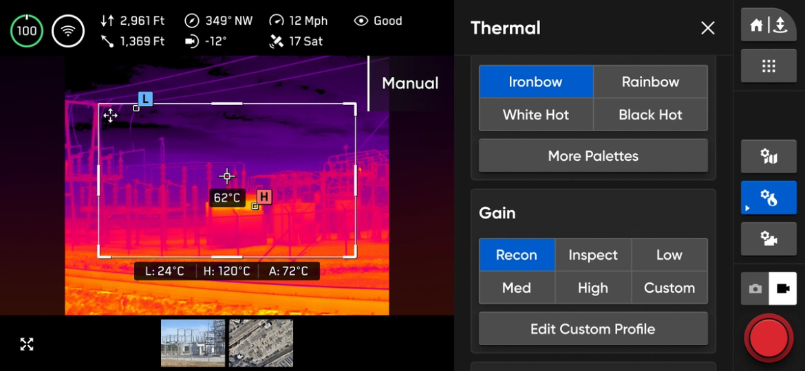 controller user interface showing thermal images that the drone is sending back