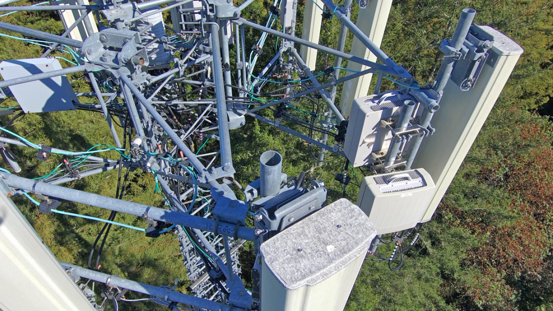 Close up aerial view of cell tower
