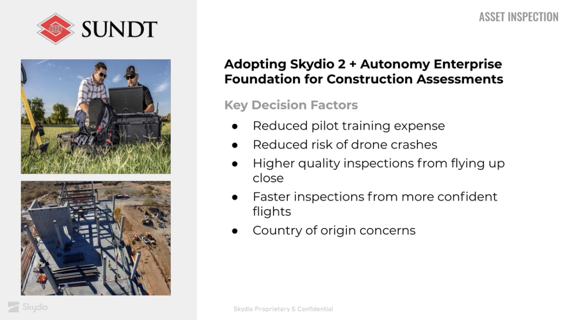 Skydio 2 and Autonomy Enterprise Foundation help Sundt Construction perform construction assessments.