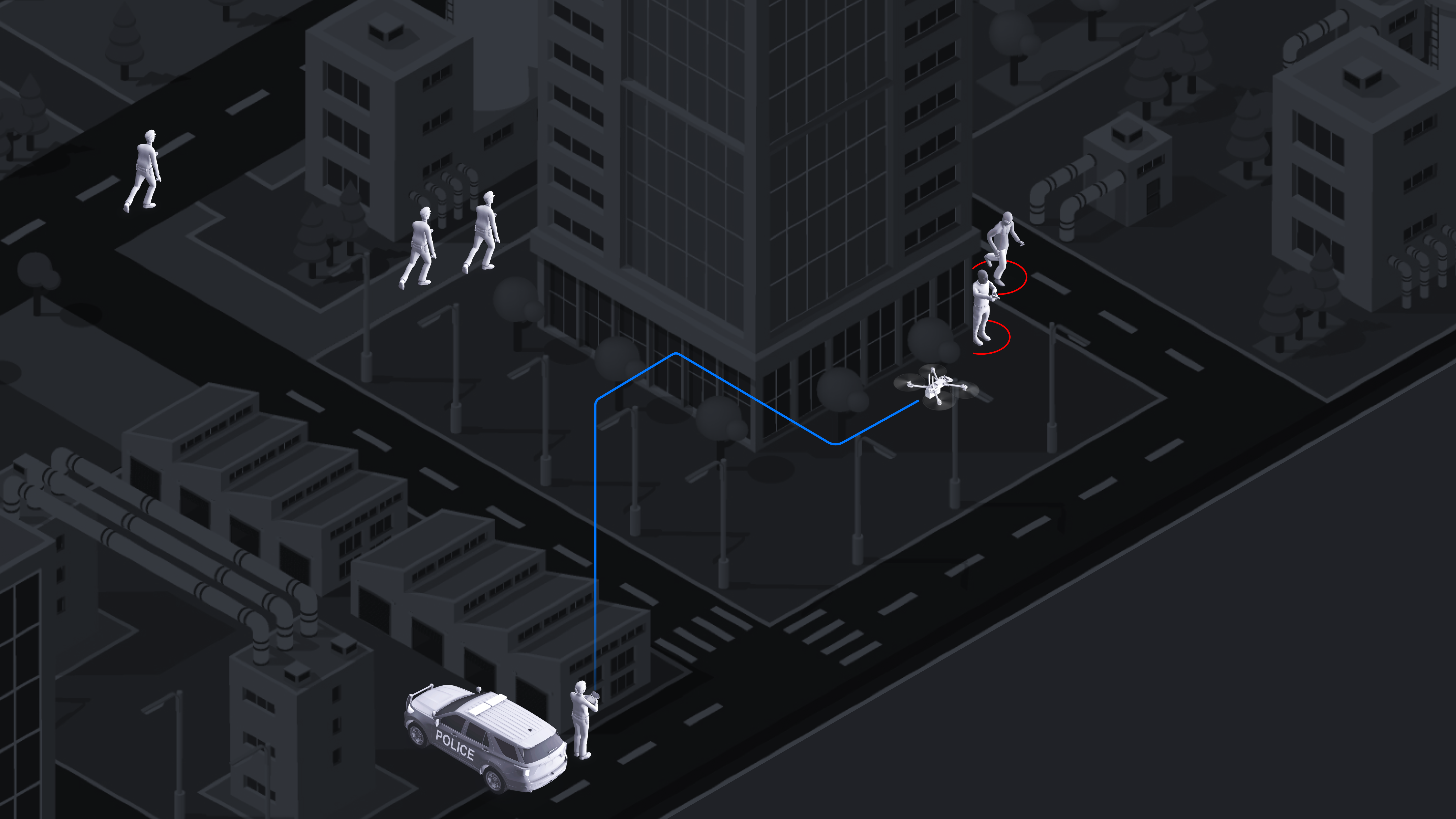 illustration of an officer launching a Skydio drones from their vehicle